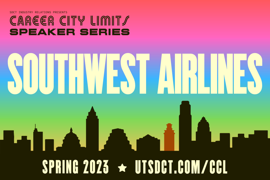 colorful graphic with Austin skyline promoting Career City Limits session with Southwest Airlines