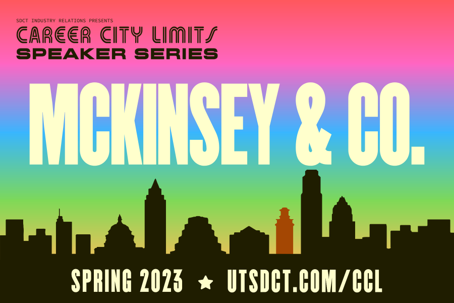 colorful graphic with Austin skyline promoting Career City Limits session with McKinsey & Company
