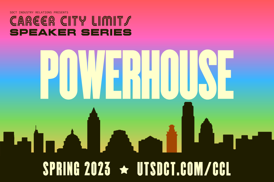 colorful graphic with Austin skyline promoting Career City Limits session with Powerhouse Animation