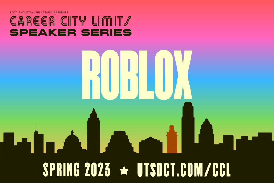 colorful graphic with Austin skyline promoting Career City Limits session with Roblox