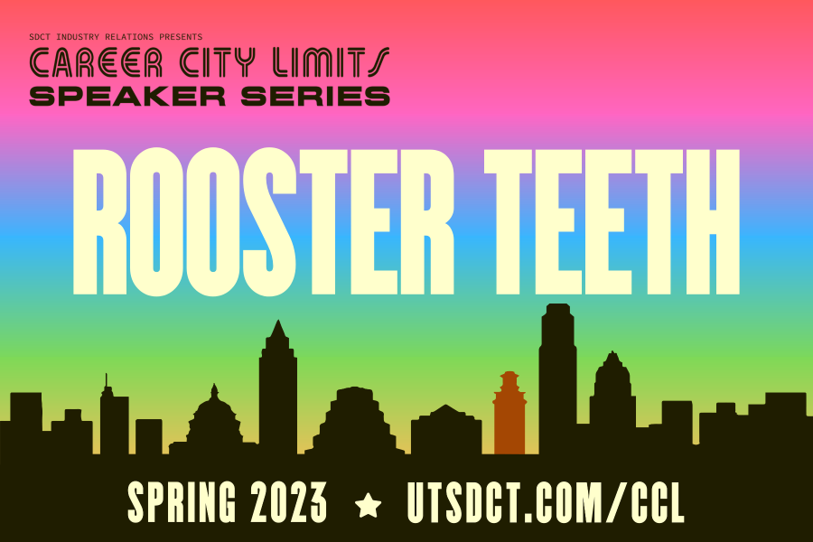 colorful graphic with Austin skyline promoting Career City Limits session with Rooster Teeth