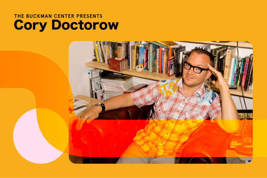 Promotional graphic for Cory Doctorow event presented by The Buckman Center